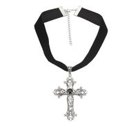 Caiguoer Collar gótico plateado vintage con cruz grande grabado de flores, collar de cruz de Halloween, accesorios para mujeres y niñas, talla única, Metal