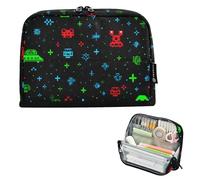 Caihoyu Estuche de transporte para lápices de gran capacidad, bolsa de papelería de pie para adultos, suministros escolares, Pixel Space Invaders