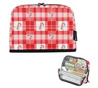 Caihoyu Estuche organizador de lápices de gran capacidad, bolsa de maquillaje con cremallera, escritorio para estudiantes universitarios, suministros escolares, bastón de caramelo a cuadros