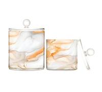 Caihoyu Organizador de maquillaje de plástico transparente de mármol blanco y naranja con tapa, esencial de oficina, tarro de almacenamiento decorativo para hisopos de algodón, paquete de 2 unidades