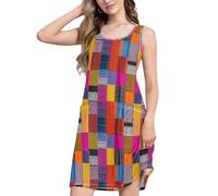 Caihoyu Vestido de verano para mujer, holgado, sin mangas, con bolsillos, para crucero, Colorido collage a rayas, Large