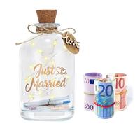 Cainor Caja de dinero de boda con botella LED para bodas, regalo de boda personalizado, hucha para novia y novio, amante fresco (Just Married)