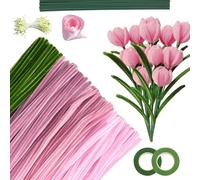 CAIXIANGYU 300 Piezas Limpiapipas Manualidades, Rosa Tulip Bouquet, Incluye Alambre Floral, Cinta y Papel de Regalo, Ideal para Decoraciones Festivas y Actividades Familiares (Rosa)