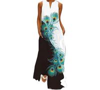 CAIYLAI Vestido largo para mujer, casual, sin mangas, cuello en V, bolsillos sueltos, vestido de verano, faldas largas, vestido de playa a la moda, vestido de noche, Pluma de pavo real, S/5XL