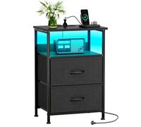 CAIYUN Mesita de noche con LED y función de carga, mesa auxiliar con cajón, mesitas de noche con 2 conexiones AC y 2 puertos USB C, mesas auxiliares para salón, dormitorio (negro)