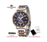 (Caja azul plateada) Relojes de madera KUNHUANG, reloj retro de cuarzo de madera multifunción luminoso