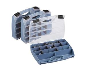 Caja clasificadora Relaxdays 3 piezas, caja de herramientas cerrada, HBT 6x32x26 cm, gris-negro