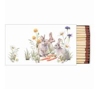 Caja de 45 maderas para chimenea, diseño de conejos de Pascua con zanahorias en la hierba, longitud de cerillas 9,5 cm. Tamaño de la caja: 11 x 6,3 cm