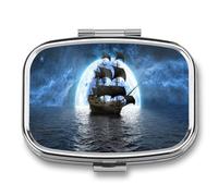 Caja De Almacenaje Azul Cielo Océano Luna Retro Barco Pastillero 2 Compartimentos Con Espejo Dispensador De Metal Cuadrado Portátil A De Humedad Regalo Único