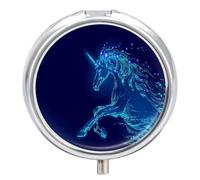 Caja De Almacenaje Caballo Unicornio Azul Pastillero 3 Rejillas Con Espejo Portátil Redondo A De Humedad Distribuidor De Metal Regalo Único