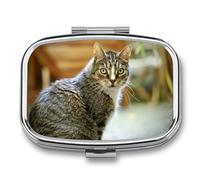 Caja De Almacenaje Cat Looking Back Pastillero 2 Compartimentos Con Espejo Dispensador De Metal Cuadrado Portátil A De Humedad Regalo Único