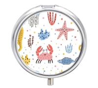 Caja De Almacenaje Estrella De Mar, Cangrejo, Océano Pastillero 3 Rejillas Con Espejo Portátil Redondo A De Humedad Distribuidor De Metal Regalo Único
