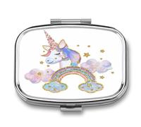Caja De Almacenaje Estrellas Nubes Arco Iris Unicornio Pastillero 2 Compartimentos Con Espejo Dispensador De Metal Cuadrado Portátil A De Humedad Regalo Único