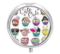 Caja De Almacenaje Lindo Búho Colorido De Dibujos Animados Pastillero 3 Rejillas Con Espejo Portátil Redondo A De Humedad Distribuidor De Metal Regalo Único