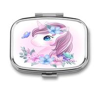 Caja De Almacenaje Lindo Unicornio Pastillero 2 Compartimentos Con Espejo Dispensador De Metal Cuadrado Portátil A De Humedad Regalo Único