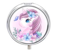 Caja De Almacenaje Lindo Unicornio Pastillero 3 Rejillas Con Espejo Portátil Redondo A De Humedad Distribuidor De Metal Regalo Único