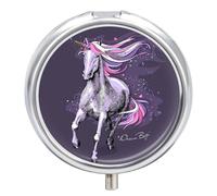 Caja De Almacenaje Unicornio Violeta Mágico Pastillero 3 Rejillas Con Espejo Portátil Redondo A De Humedad Distribuidor De Metal Regalo Único
