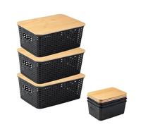 Caja de almacenamiento de 3 piezas con tapa de bambú, organizador de baño de plástico pequeña cesta de almacenamiento con asa, cajas apilables con tapa para cocina, baño, dormitorio, balcón, estantes
