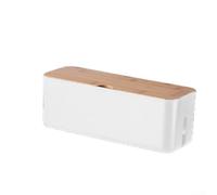 Caja de almacenamiento de alambre con cubierta de madera diseñada para regleta de alimentación y gestión de cables, con propiedades resistentes al calor y puertos de cable para un fácil acceso (blanco