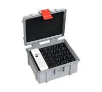 Caja de almacenamiento de batería con probador e interior acolchado de | Capacidad para 15 pilas LR06 y 12 LR03, ranuras separadas, carcasa PETG con tapa con bisagras, cierre de pestillo