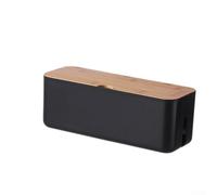 Caja de almacenamiento de cables con tapa de madera y estructura ventilada ABS para gestionar cargadores, adaptadores de corriente y líneas de datos (negro)