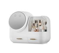 Caja de almacenamiento de cosméticos con luz LED, carga USB, espejo HD, alta capacidad, ventilador integrado, tapa transparente, 3 tipos de efectos de luz (blanco)