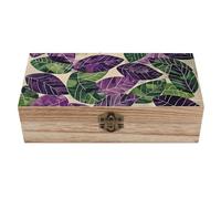 Caja de almacenamiento de madera con diseño de hojas verdes y moradas, estilo retro, con tapa abatible, 20 x 10 x 6 cm. Caja de recuerdos para manualidades, ideal para guardar fotos, recetas o joyas.