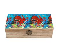 Caja de almacenamiento de madera con diseño de pulpo de castillo submarino, caja de recuerdos de 7.9 x 3.7 x 2.3 pulgadas con tapa con bisagras y cierre frontal