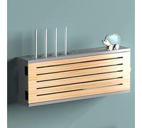 Caja de almacenamiento de madera para enrutador montado en la pared con estante tipo C, gestión de cables y cubierta de enchufe para organización del hogar.