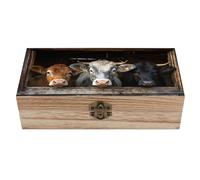 Caja de almacenamiento de madera vintage con tres vacas mirando a través de la ventana del granero, con tapa abatible, organizador de joyas de madera natural para anillos, decoración del hogar