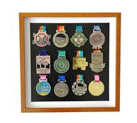 Caja de almacenamiento de medallas para, Medallas militares multicoloras de los deportes tamaños la vitrina medalla madera sólida(Teak Color,16 inches (3 frames of 1 medal+horizontal A4 cer)