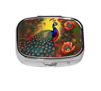 Caja de almacenamiento de pastillas cuadrada de viaje con flores de pavo real, mini pastillero portátil (pastillero de 2 compartimentos), caja de almacenamiento de medicamentos y vitaminas