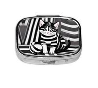 Caja de almacenamiento de pastillas cuadrada de viaje para gatitos a rayas blancas y negras, mini pastillero portátil (pastillero de 2 compartimentos), caja de almacenamiento de medicamentos y