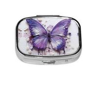Caja de almacenamiento de píldoras cuadrada de viaje con diseño de mariposa de pintura al óleo morada, mini pastillero portátil (pastillero de 2 compartimentos), caja de almacenamiento de medicamentos