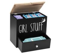 Caja de Almacenamiento de Tampón, 2 Compartimentos Porta Tampones para Baño con Tapa y Cajón, Estuche de Tampones de Madera, Organizador Baño para Hisopos de Algodón y Almohadillas de Algodón (Negro)