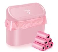 Caja de almacenamiento pequeña para coche con 100 bolsas de basura para coche, mini cubo de basura con tapa, para oficina o hogar, resistente al agua, sin olor, color rosa