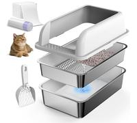 Caja de arena cerrada de acero inoxidable con tapa, caja de arena grande para pellets de pino, caja de arena de metal de lados altos para gatos grandes, sistema de bandeja de arena para evitar fugas