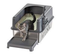 Caja de arena de acero inoxidable con lados altos, caja de arena extragrande XL para gatos grandes con tapa, bandeja de arena de metal, antiadherente, incluye alfombrilla de arena y cuchara