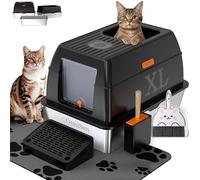 Caja de arena de acero inoxidable con tapa, caja de arena de metal con cuchara, caja de arena de entrada superior con alfombrilla, caja de arena cubierta, caja de arena extragrande para gatos con