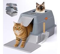 Caja de arena de acero inoxidable con tapa, sartén de 6 pulgadas de profundidad, caja de arena extragrande para gatos grandes, antifugas, sin olor, entrada doble frontal y superior, incluye