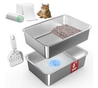 Caja de arena de acero inoxidable de 19.6 x 13.7 x 6 pulgadas, caja de arena de tamizado superior abierta para pellets de pino, sistema de bandeja de arena de metal con cuchara y almohadilla para