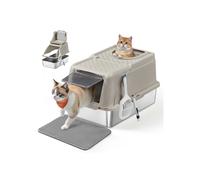 Feandrea Caja de Arena de Acero Inoxidable para Gatos con Tapa Abatible, Arenero XL, a Prueba de Fugas, Cuchara, Cepillo, Doble Entrada, Carga de Encimera de 15 kg, Beige Capuchino PPT005K01