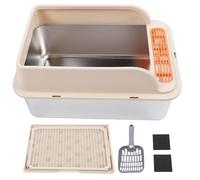 Caja de arena de acero inoxidable para gatos, gran capacidad, laterales de pared alta, bandeja de arena abierta superior, inodoro para gatos con pala de arena para gatos de interior, 23.6 x 15.8 x 7.9