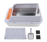 Caja de arena de acero inoxidable para gatos, gran capacidad, laterales de pared alta, bandeja de arena abierta superior, inodoro para gatos con pala de arena para gatos de interior, 23.6 x 15.8 x 7.9