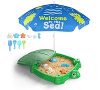 Caja de arena de tortuga con tapa y paraguas ajustable, caja de arena cuadrada grande con 6 moldes y 4 palas, juguetes de playa al aire última intervensión para niños a partir de 3 años