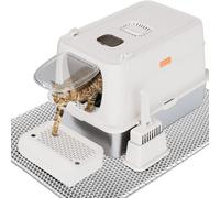 Caja de arena extragrande de acero inoxidable para gatos con tapa, bandeja de metal extraíble cerrada, cuchara de arena, alfombrilla de doble capa, fácil limpieza para gatos grandes