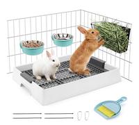 Caja de arena para conejos y comedero de heno 4 en 1 para conejitos y cobayas, caja de arena mejorada con 2 cuencos de acero inoxidable, recogedor y escoba, accesorios para conejo y cobaya