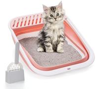 Caja de arena para gatos con parte superior abierta, plegable, grande, lados ajustables en altura, antisalpicaduras, sartén para gatitos al aire libre, sin olor, fácil de limpiar con cuchara (rosa, M)