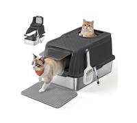Feandrea Caja de Arena de Acero Inoxidable para Gatos con Tapa Abatible, Arenero XL, a Prueba de Fugas, Cuchara, Cepillo, Doble Entrada, Carga de Encimera de 15 kg, Negro Tinta PPT005BH01