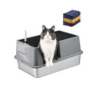 Caja de arena para gatos de acero inoxidable con tapa, caja de arena de metal extragrande para gatos grandes y múltiples, parte superior abierta con recinto de lados altos, antifugas, fácil de limpiar